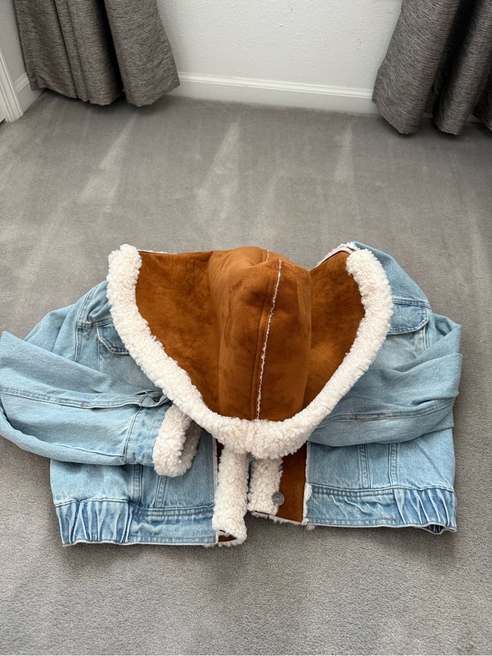 Free People Light Blue Denim Jacket with Brown Sherpa Hood - Picture 8 of 11
